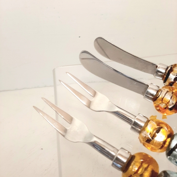 Colorful Dichroic Glass Beaded Cheese Knives and Forks Set - Picture 3 of 4